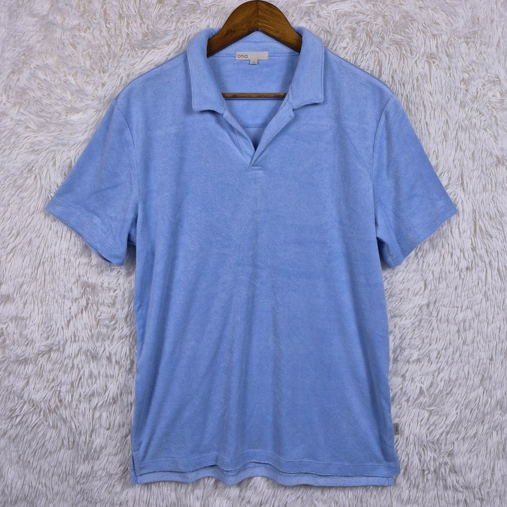 Onia Mens Medium Terry Cloth Johnny Collar Polo Shirt Blue Short Sleeve Resort